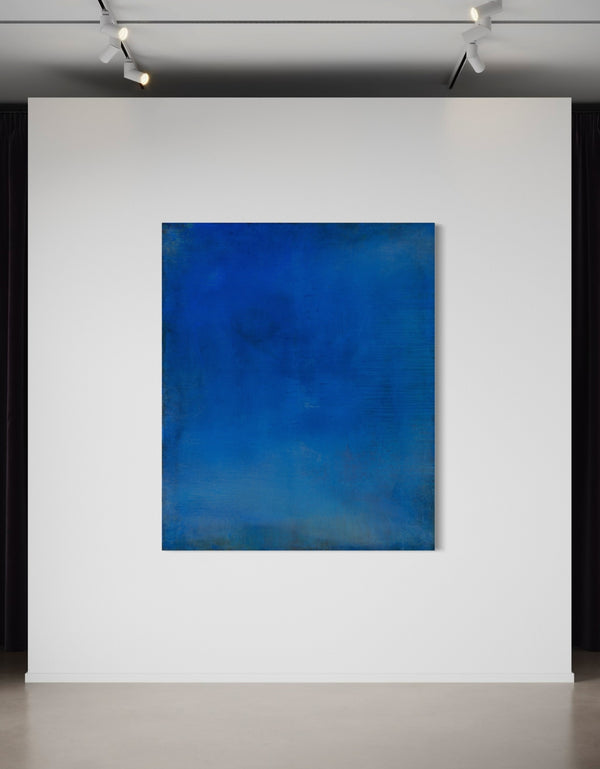 Abstract painting with opulent royal blue and gold tones, featuring an abstracted gilded silhouette, evoking Old World majesty and modern abstraction.