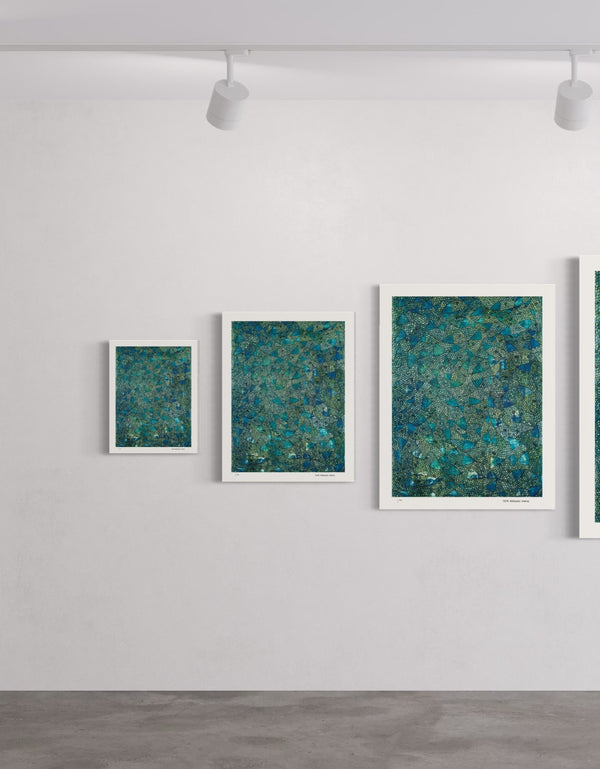 Blue Green Sardines is a Limited Edition Print by Seth B. Minkin with deep blues, emerald greens, and gold accents, vividly capturing each individual scale of each sardine in intricate detail.