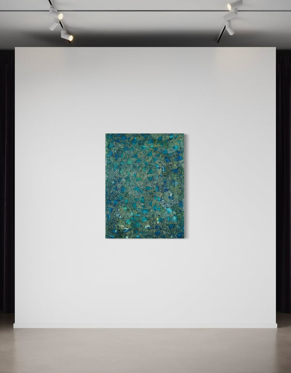 30"x40" painting with deep blues, emerald greens, and gold accents, featuring intricately painted sardines gliding through abstract textures, capturing the ocean's vivid colors.