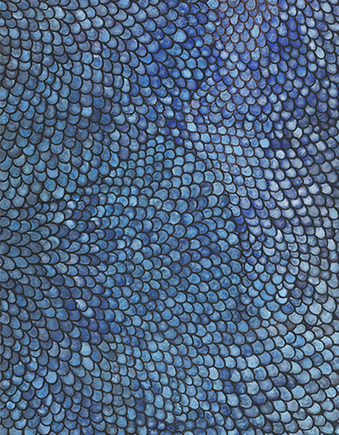 Giclée print on canvas of Seth B. Minkin’s Cobalt Scales. Intricate scales fan outward with metallic pigments, offering organic rhythm and geometric harmony, suitable for vertical or horizontal display.
