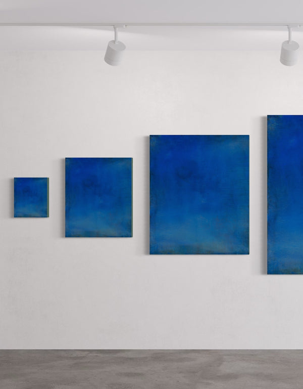 Abstract painting with opulent royal blue and gold tones, featuring an abstracted gilded silhouette, evoking Old World majesty and modern abstraction.