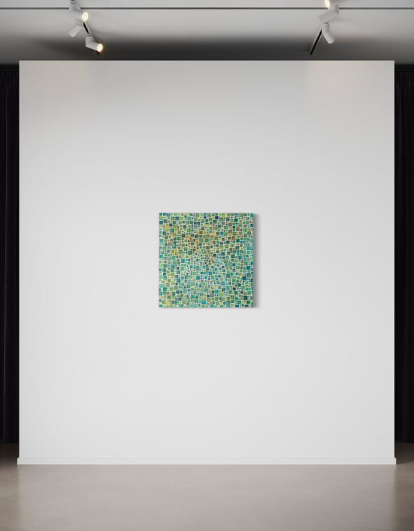 Compact painting with earth tones featuring abstract green squares, evoking a sense of discovery and celebration.
