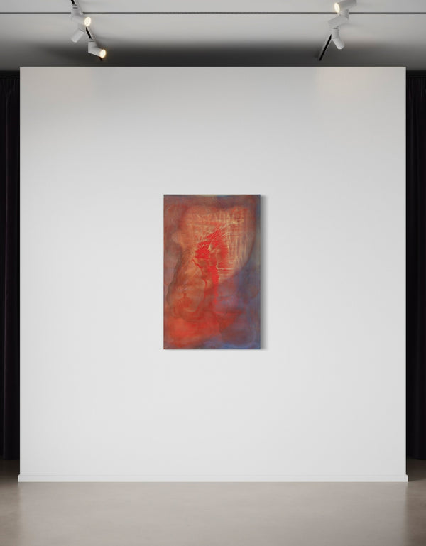 Abstract painting with two hearts in gold and red, symbolizing love's transformative power and intense romance.