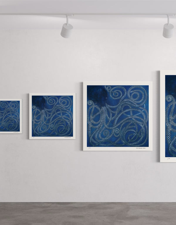 Kraken is a Limited Edition Print by Seth B. Minkin, with ethereal ocean blues and dynamic tentacles, inviting personal interpretation.