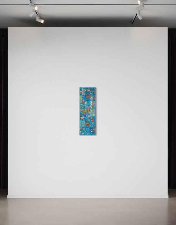 Whimsical painting with nautical charm, featuring sardines and marine elements in bright, engaging colors.